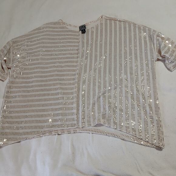 Clara Sun Woo 1/4 sleeve gold sequin tunic medium USA MADE handkerchief sides - Picture 3 of 10